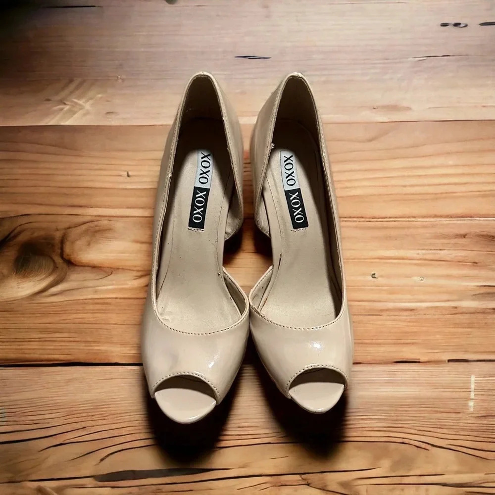 XOXO Bowie Nude Peep Toe Patent Leather High Heels - Picture 4 of 6